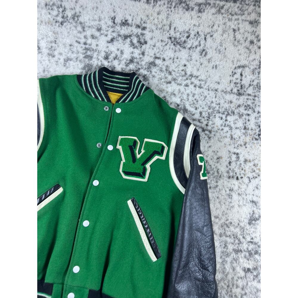 Vintage 70s Varsity Letterman Jacket Mens L Green Black Wool Leather Patch 76 - Picture 2 of 7